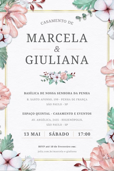 Modelo de Convite de Casamento - Lirios e Flores rosas Convite Lirios e Flores rosas grátis para editar