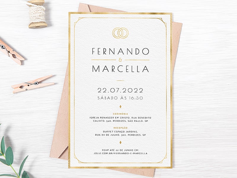 Convite de Casamento - Minimalista Dourado