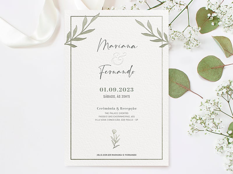 Modelo de Convite de Casamento - Folhagem minimalista fendi Crie seu convite de casamento - Folhagem minimalista fendi| FestaLab