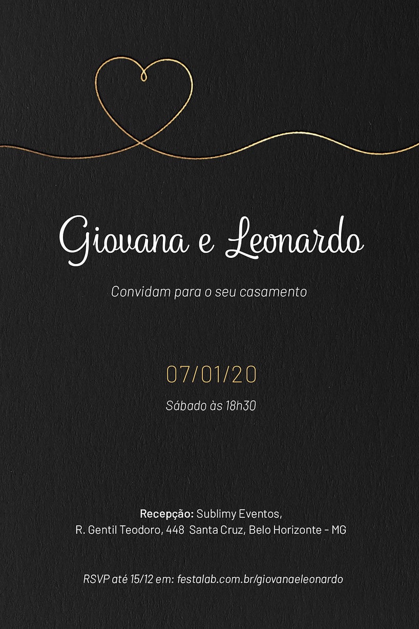 Modelo de Convite de Casamento - Minimalista Preto com Dourado Convite Minimalista Preto com Dourado grátis para editar
