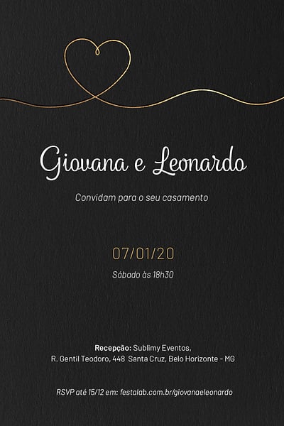 Modelo de Convite de Casamento - Minimalista Preto com Dourado Convite Minimalista Preto com Dourado grátis para editar