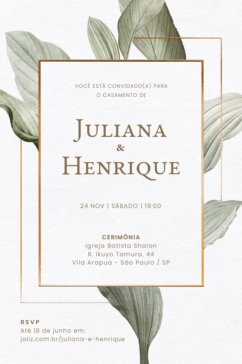 Modelo de Convite de Casamento - Moldura de Folhagem Convite Moldura de Folhagem grátis para editar
