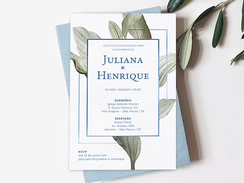 Convite de Casamento - Moldura de Folhagem azul