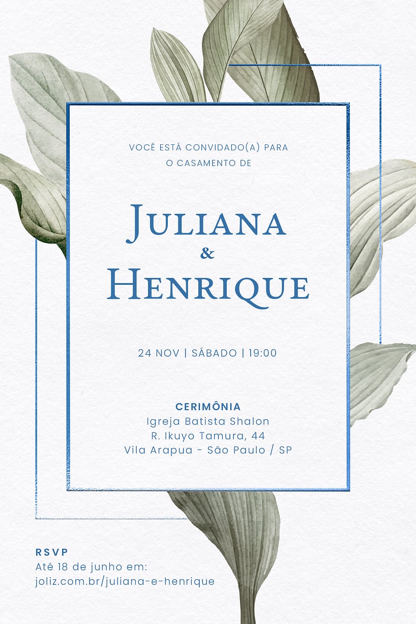 Convite de Casamento - Moldura de Folhagem azul