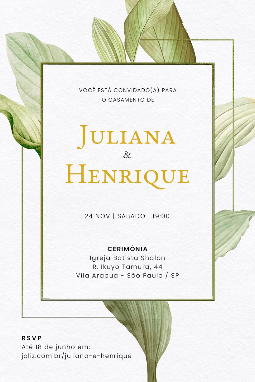 Modelo de Convite de Casamento - Moldura de Folhagem verde Convite Moldura de Folhagem verde grátis para editar