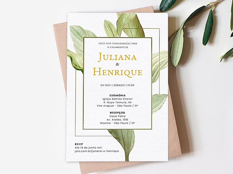 Convite de Casamento - Moldura de Folhagem verde