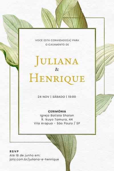 Modelo de Convite de Casamento - Moldura de Folhagem verde Convite Moldura de Folhagem verde grátis para editar