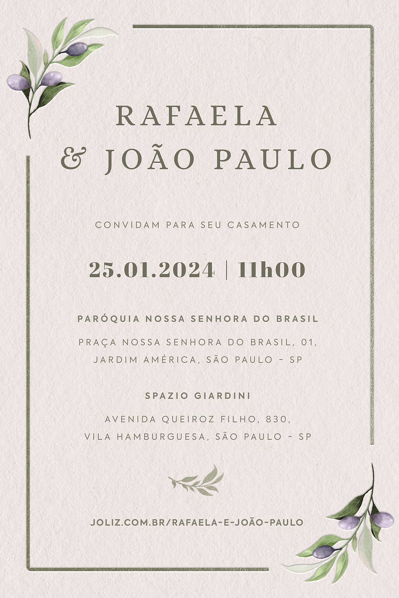 Modelo de Convite de Casamento - Oliveiras Romanticas Convite Oliveiras Românticas grátis para editar