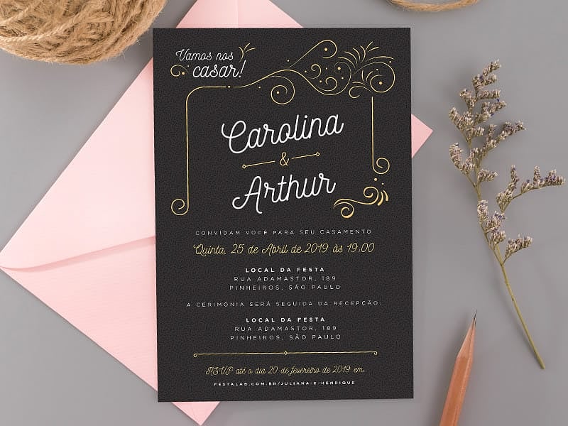 Crie seu convite de casamento - Ornamental preto| FestaLab