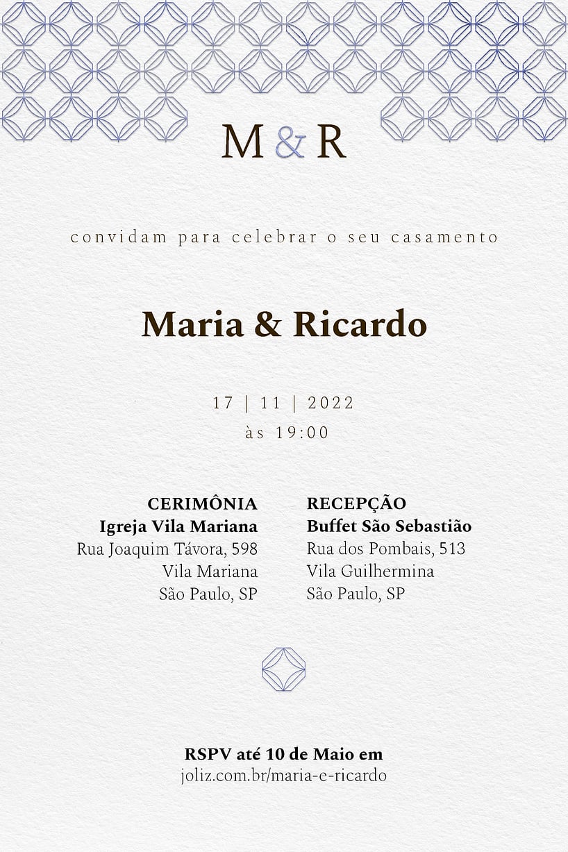 Modelo de Convite de Casamento - Padrao azul Convite Padrão azul grátis para editar