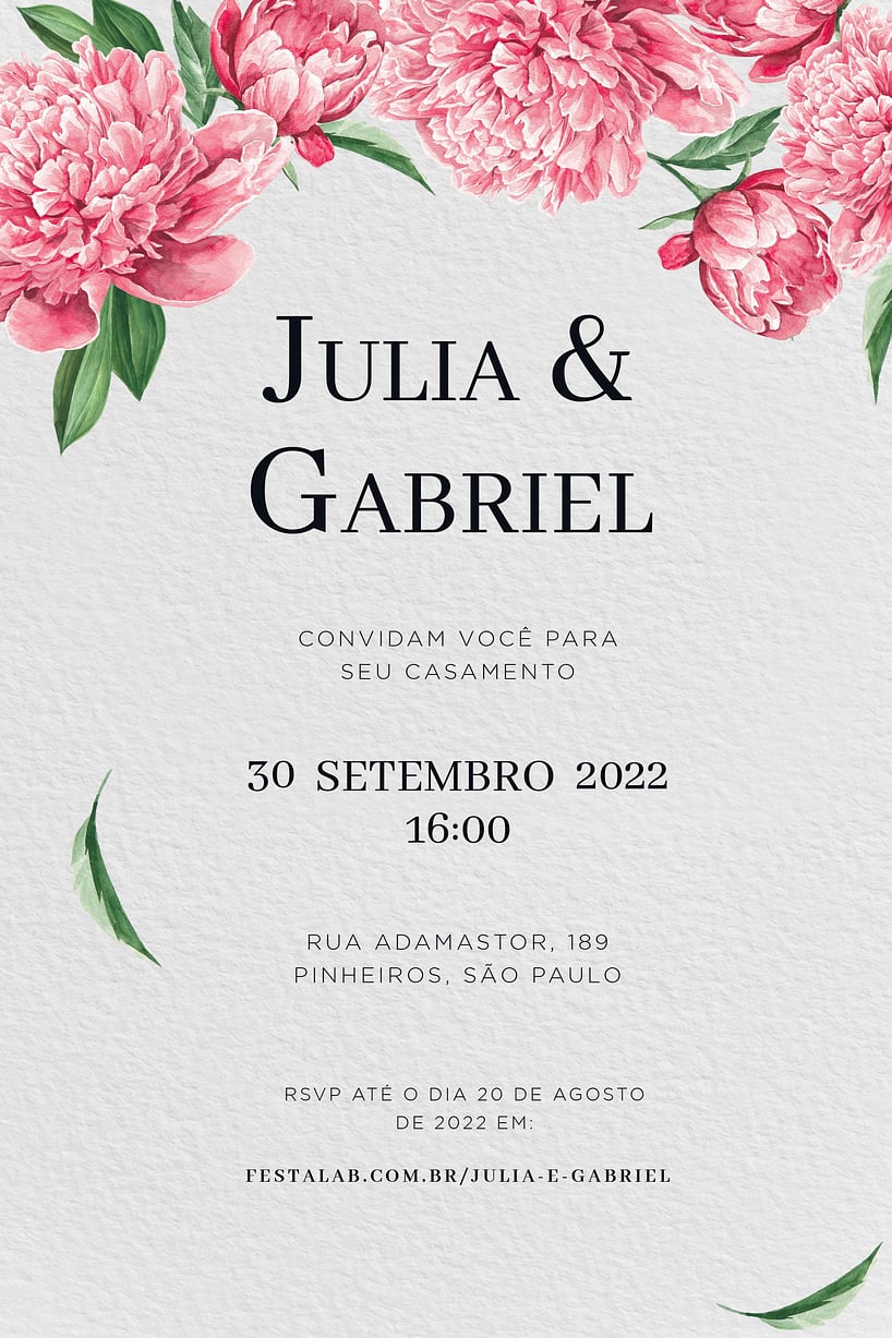 Modelo de Convite de Casamento - Peonias aquarelada Convite Peônias aquarelada grátis para editar
