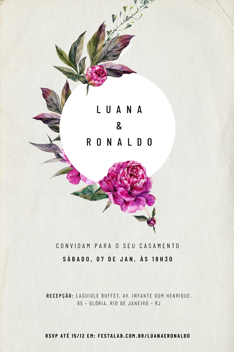 Modelo de Convite de Casamento - Peonias Roxas Convite Peônias Roxas grátis para editar