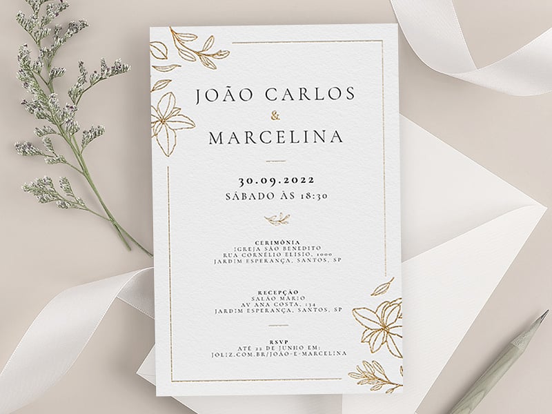 Convite de Casamento - Petalas douradas