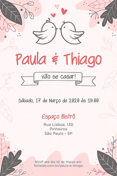 Modelo de Convite de Casamento - Pombinhos Convite Pombinhos grátis para editar