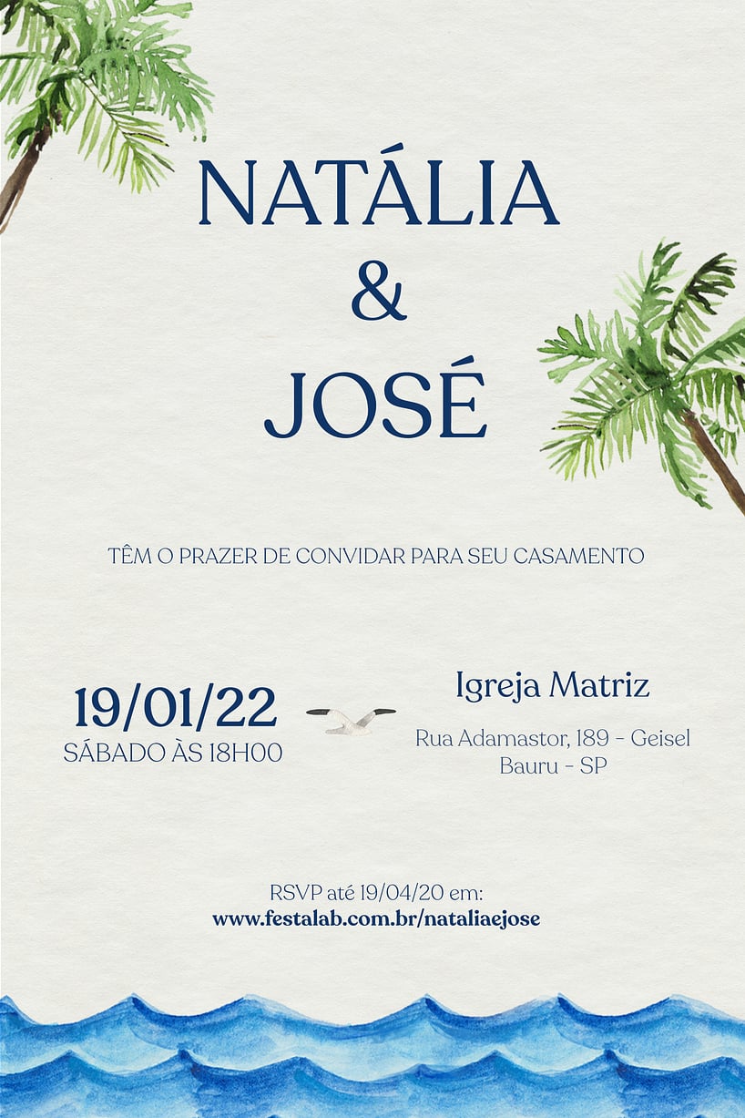 Modelo de Convite de Casamento - Praia Aquarela Convite Praia Aquarela grátis para editar