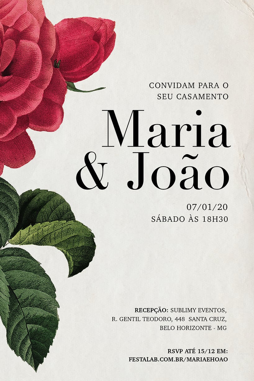 Modelo de Convite de Casamento - Rosas Vermelhas Delicado Convite Rosas Vermelhas Delicado grátis para editar