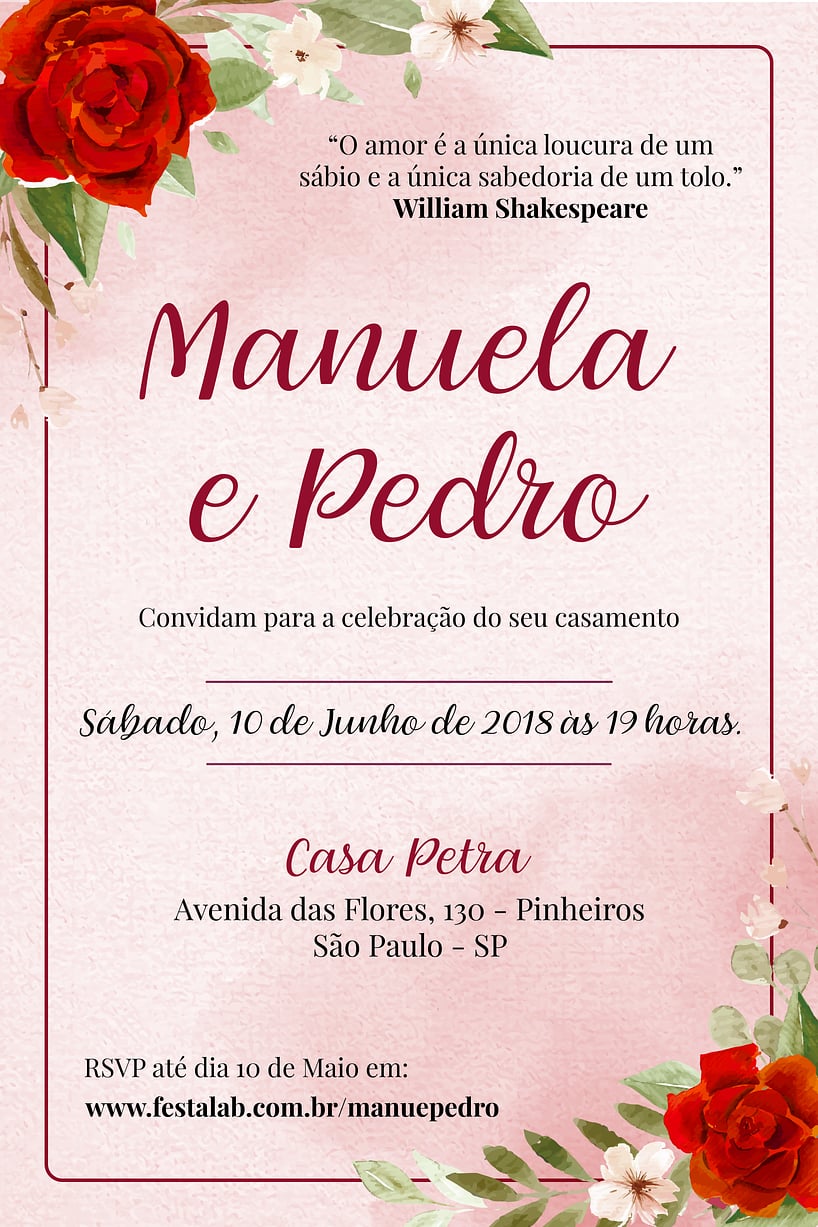 Convite Rosas grátis para editar