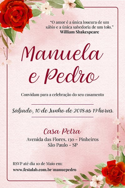 Modelo de Convite de Casamento - Rosas Convite Rosas grátis para editar
