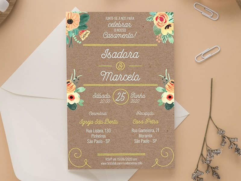 Modelo de Convite de Casamento - Rustico Rosa Crie seu convite de casamento - Rústico Amarelo| FestaLab