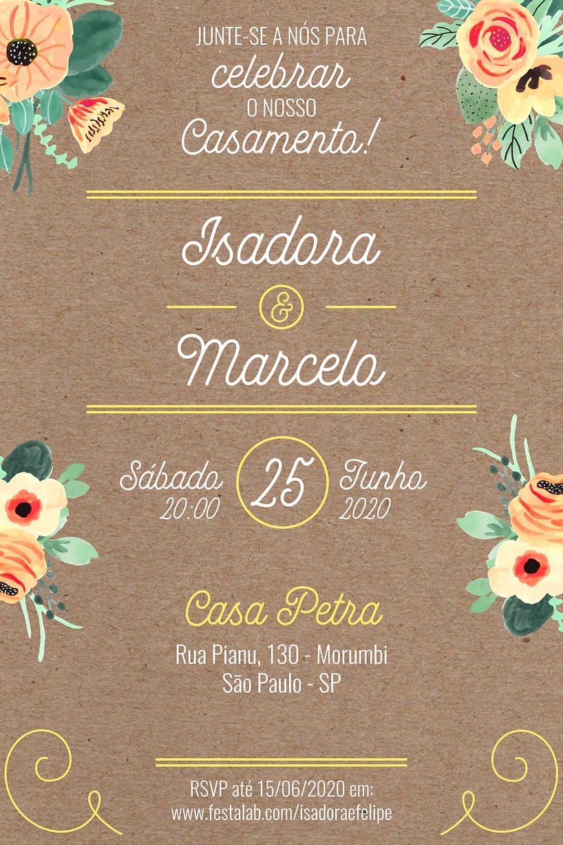Modelo de Convite de Casamento - Rustico Amarelo Convite Rústico Amarelo grátis para editar