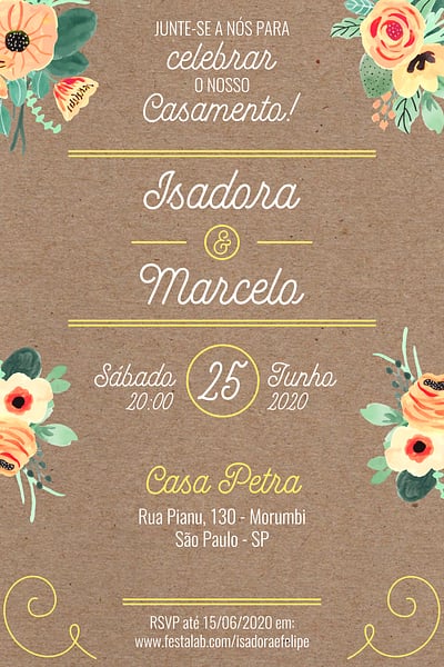 Modelo de Convite de Casamento - Rustico Amarelo Convite Rústico Amarelo grátis para editar