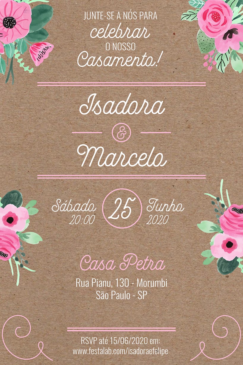 Modelo de Convite de Casamento - Rustico Rosado Convite Rústico Rosado grátis para editar