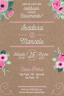 Modelo de Convite de Casamento - Rustico Rosado Convite Rústico Rosado grátis para editar