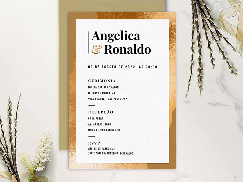 Convite de Casamento Simples Dourado