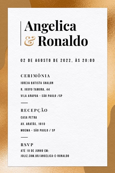 Modelo de Convite de Casamento - Simples Dourado Convite Simples Dourado grátis para editar
