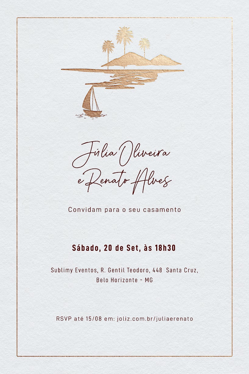Modelo de Convite de Casamento - Praia dourada minimalista Convite Praia dourada minimalista grátis para editar