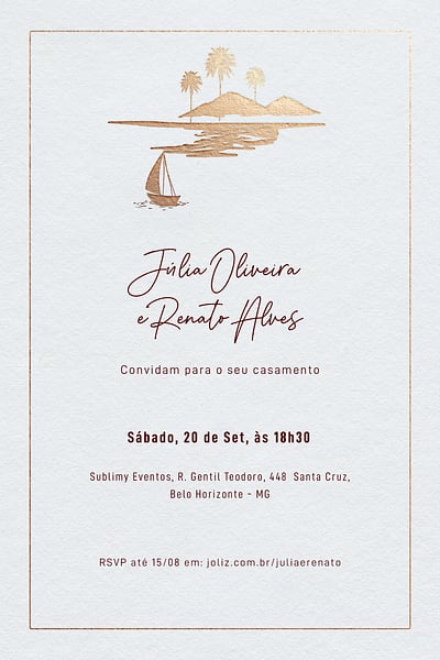 Modelo de Convite de Casamento - Praia dourada minimalista Convite Praia dourada minimalista grátis para editar