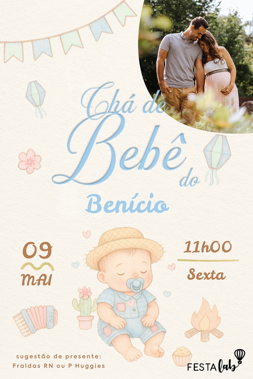 Modelo de Convite de Cha de bebe - Arraia de Docura Azul Criar convite de Chá de bebê - Arraiá de Doçura Azul| FestaLab