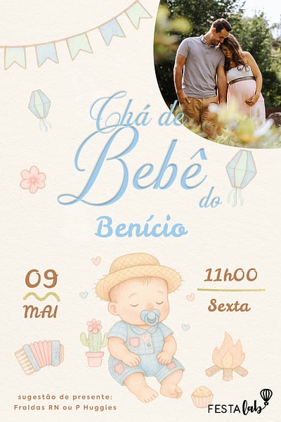 Criar convite de Chá de bebê - Arraiá de Doçura Azul| FestaLab