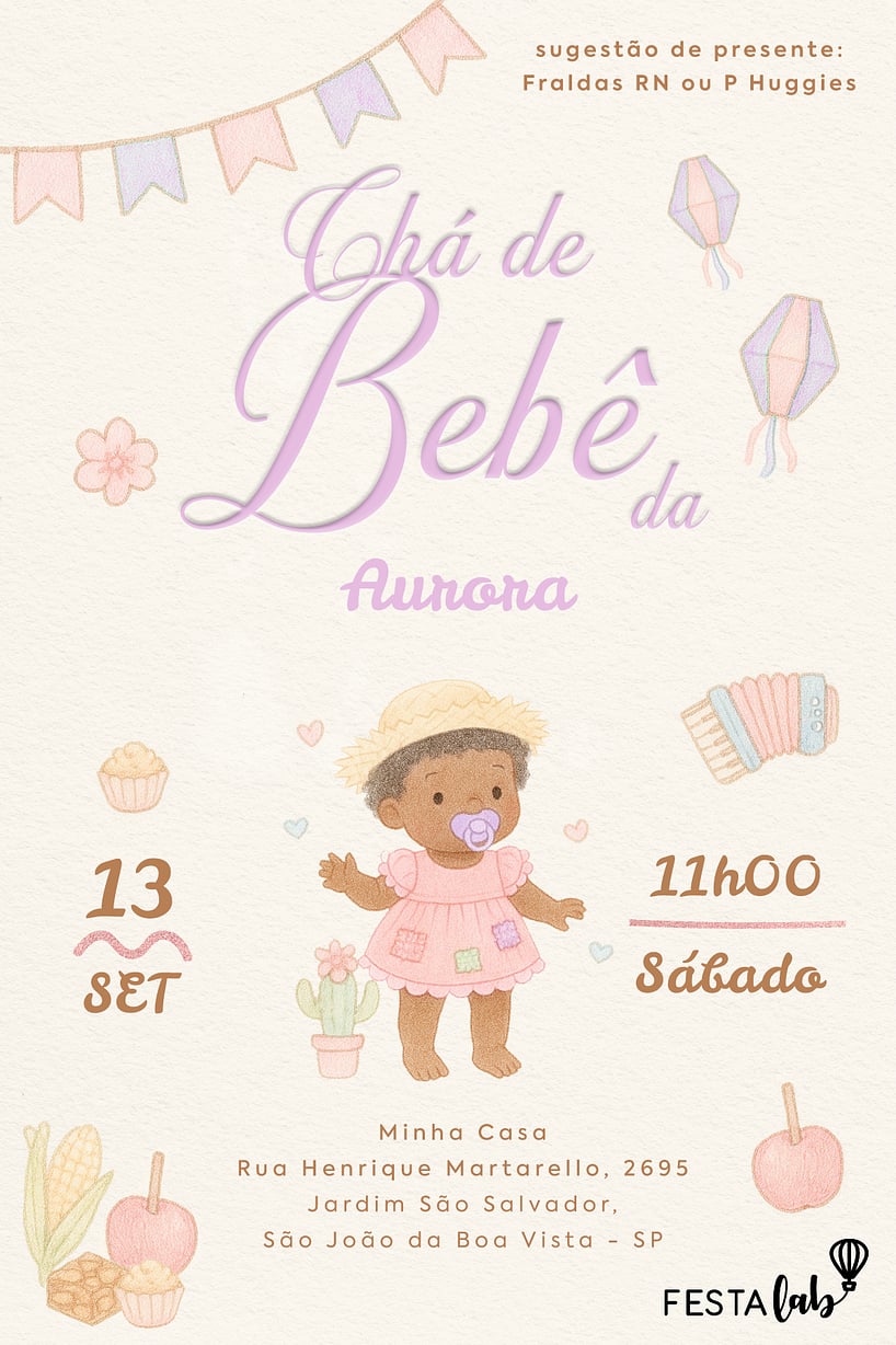 Modelo de Convite de Cha de bebe - Arraia de Docura Lilas Convite Arraiá de Doçura Lilás grátis para editar