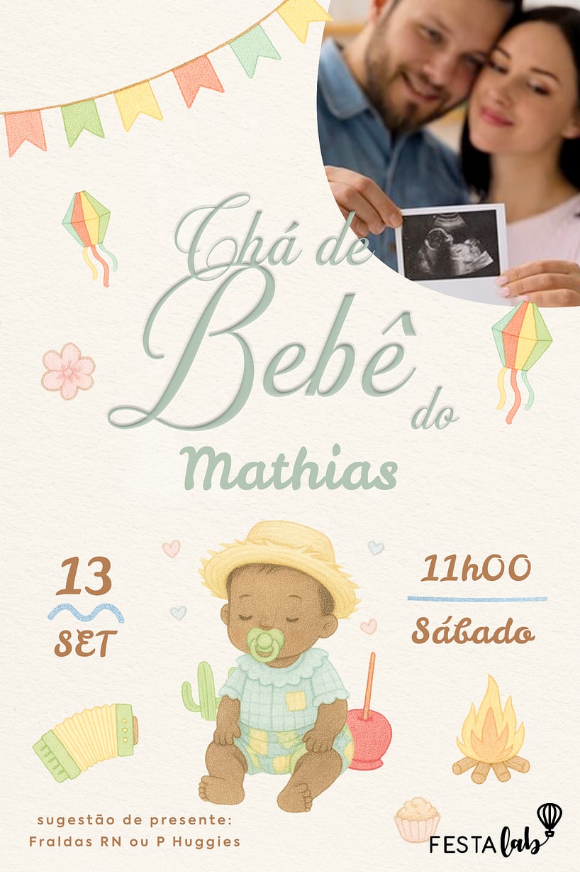 Modelo de Convite de Cha de bebe - Arraia de Docura Verde Criar convite de Chá de bebê - Arraiá de Doçura Verde| FestaLab