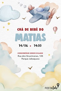 Modelo de Convite de Cha de bebe - Aviaozinho aquarela delicado Convite Aviãozinho aquarela delicado grátis para editar