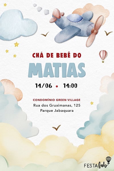 Modelo de Convite de Cha de bebe - Aviaozinho aquarela delicado Convite Aviãozinho aquarela delicado grátis para editar