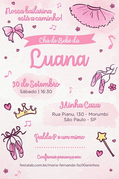 Modelo de Convite de Cha de bebe - Bailarina Convite Bailarina grátis para editar
