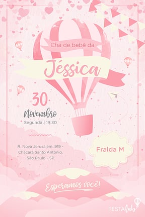 Modelo de Convite de Cha de bebe - Balao Rosa Convite de Cha de bebe - Balao Rosa