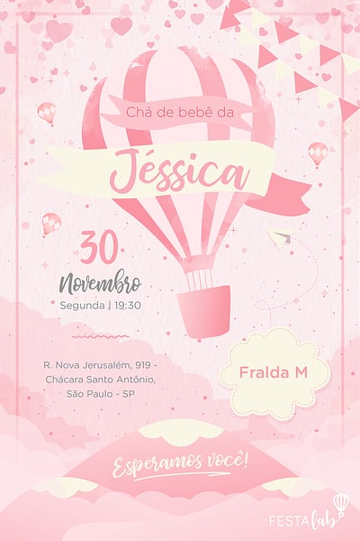 Modelo de Convite de Cha de bebe - Balao Rosa Convite Balão Rosa grátis para editar