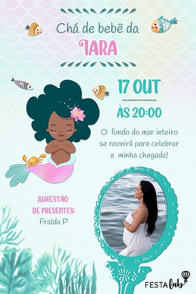 Modelo de Convite de Cha de bebe - Bebe Sereia Delicada Convite Bebê Sereia Delicada grátis para editar