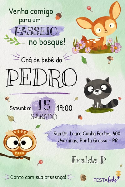 Modelo de Convite de Cha de bebe - Bosque Convite Bosque grátis para editar