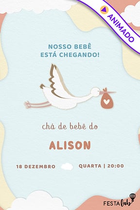 Modelo de Convite de Cha de bebe - Cegonha Neutro Convite de Cha de bebe - Cegonha Neutro