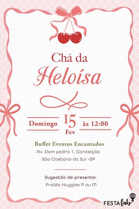 Convite de Cha de bebe - Cereja com laco