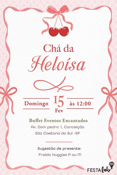 Modelo de Convite de Cha de bebe - Cereja com laco Convite Cereja com laço grátis para editar