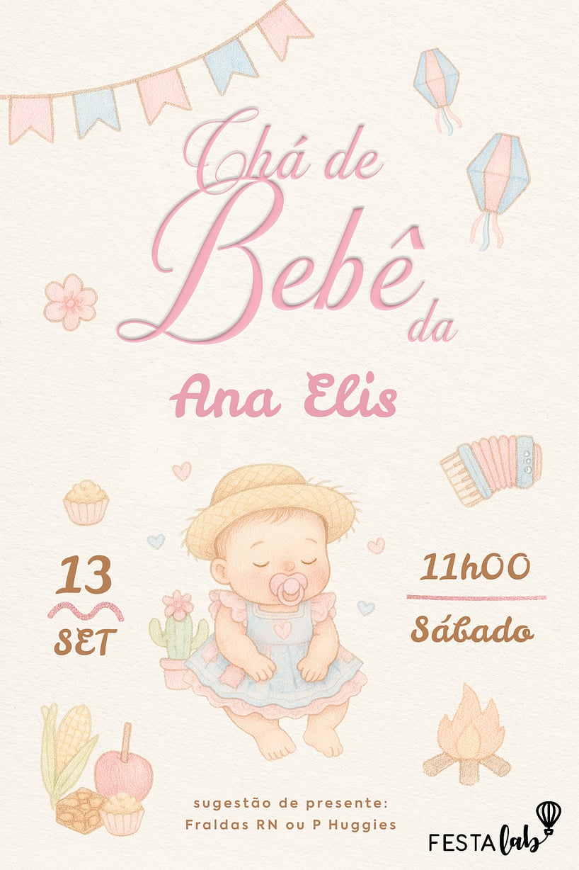 Modelo de Convite de Cha de bebe - Arraia de Docura Convite Arraiá de Doçura grátis para editar