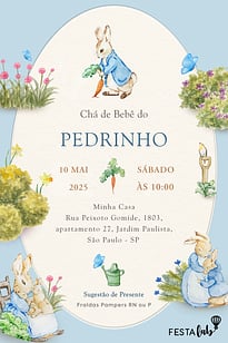 Modelo de Convite de Cha de bebe - Cha de Bebe do Peter Rabbit Convite Chá de Bebê do Peter Rabbit grátis para editar