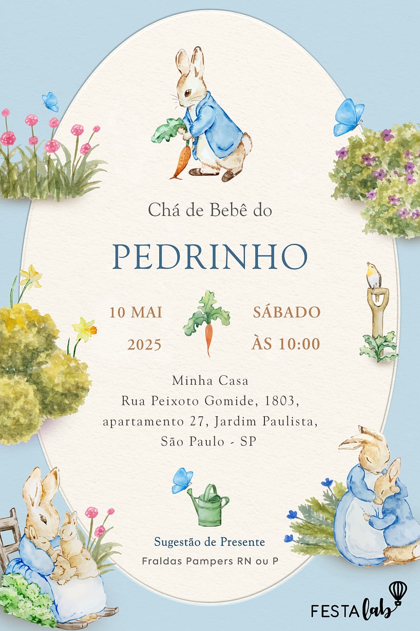 Convite Chá de Bebê do Peter Rabbit grátis para editar