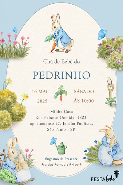 Criar convite de Chá de bebê - Chá de Bebê do Peter Rabbit| FestaLab
