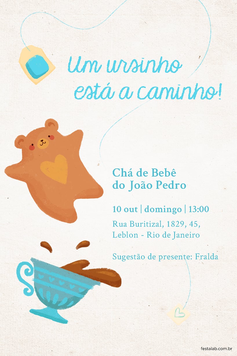 Convite de Cha de bebe - Cha do Ursinho Azul